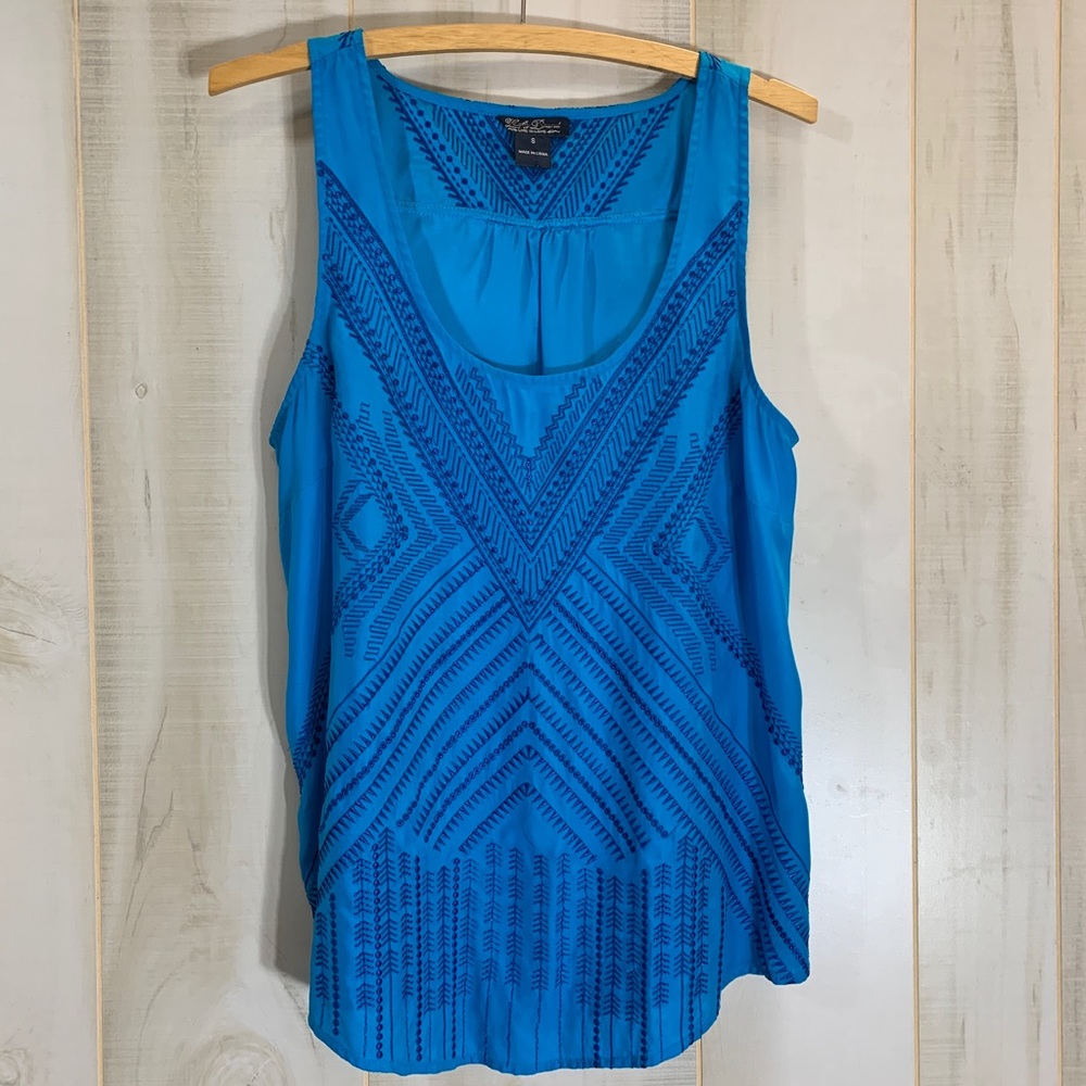 Lucky Brand Silk Blue Embroidered Aztec Top S